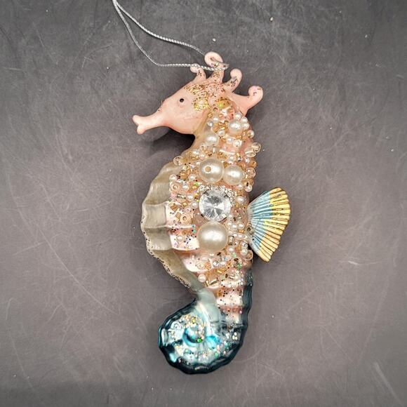 Robert Stanley Blown Glass Beaded Seahorse Christmas Ornament  5" x 2.5" - Picture 1 of 4